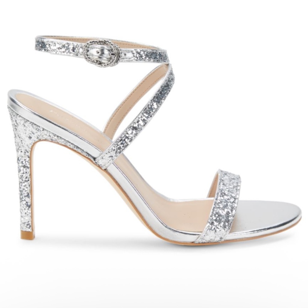 🌹STUART WEITZMAN🌹Women's Glitter Strappy Sandals In Silver Size: 7
